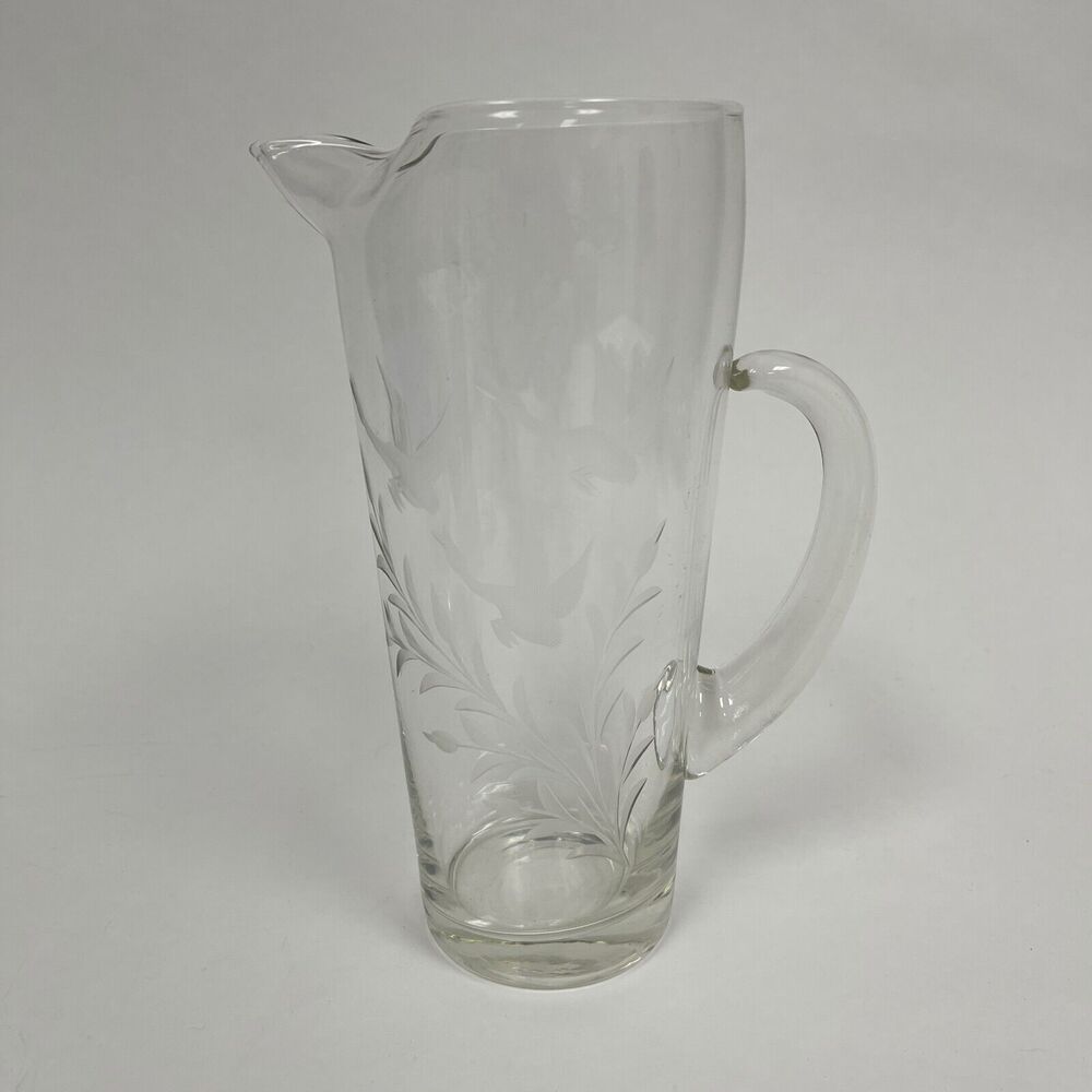Vintage Etched Flying Geese Ducks Clear Glass Martini Pitcher Barware 8 5/8 high